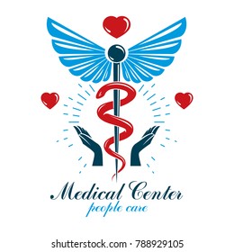 Aesculapius vector abstract business logo for use in medical treatment. Cardiovascular system diseases prevention conceptual emblem.