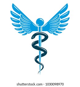 Aesculapius vector abstract emblem composed using wings and snakes best for used in pharmacy advertisement.