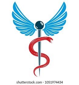 Aesculapius vector abstract emblem composed using wings and snakes best for used in pharmacy advertisement.