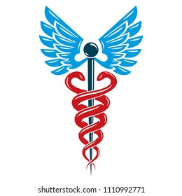 Aesculapius vector abstract emblem composed using wings and snakes best for used in pharmacy advertisement.