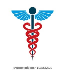 Aesculapius vector abstract emblem composed using wings and snakes best for used in pharmacy advertisement.