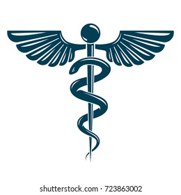 Aesculapius vector abstract emblem composed using wings and snakes best for used in pharmacy advertisement.