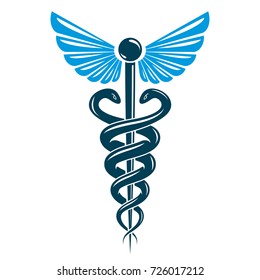 Aesculapius vector abstract emblem composed using wings and snakes best for used in pharmacy advertisement.