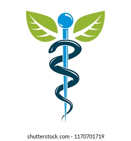 Aesculapius vector abstract illustration created using snakes and green leaves, Caduceus symbol. Healthy lifestyle is strong heart.