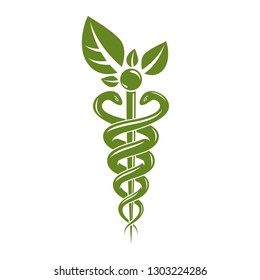 Aesculapius vector abstract illustration created using snakes and green leaves, Caduceus symbol. Healthy lifestyle is strong heart.