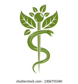 Aesculapius vector abstract illustration created using snakes and green leaves, Caduceus symbol. Healthy lifestyle is strong heart.