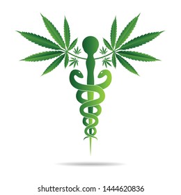 Aesculapius vector abstract illustration created using snakes and Cannabis marijuana  green leaves, Caduceus symbol