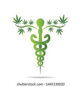 Aesculapius vector abstract illustration created using snakes and Cannabis marijuana  green leaves, Caduceus symbol