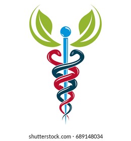 Aesculapius vector abstract illustration created using snakes and green leaves, Caduceus symbol. Healthy lifestyle is strong heart.