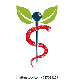 Aesculapius vector abstract illustration created using snakes and green leaves, Caduceus symbol. Healthy lifestyle is strong heart.