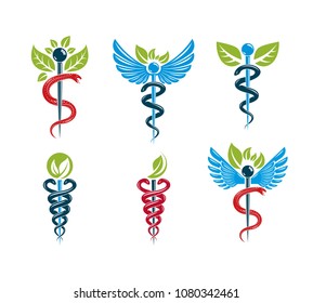 Aesculapius vector abstract illustrations collection, Caduceus symbols composed with green leaves and bird wings for use in medical treatment.