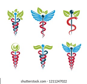 Aesculapius vector abstract illustrations collection, Caduceus symbols composed with green leaves and bird wings for use in medical treatment.