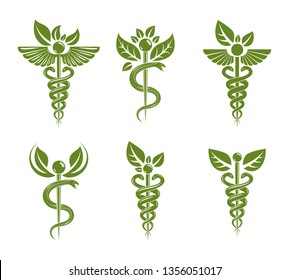 Aesculapius vector abstract illustrations collection, Caduceus symbols composed with green leaves and bird wings for use in medical treatment.