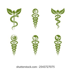 Coleção de ilustrações abstratas vetoriais de Esculápio, símbolos de Caduceus compostos com folhas verdes e asas de pássaros para uso em tratamento médico.