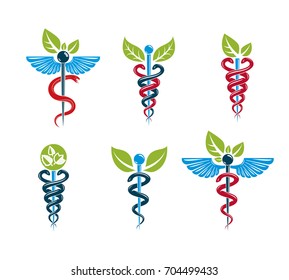 Aesculapius vector abstract illustrations collection, Caduceus symbols composed with green leaves and bird wings for use in medical treatment.