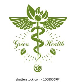 Aesculapius vector abstract logo, Caduceus symbol composed with bird wings for use in medical treatment.