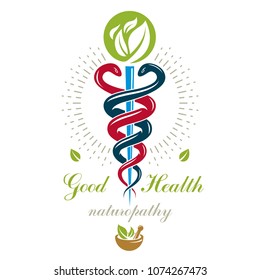 Aesculapius vector abstract logo, Caduceus symbol composed with mortar and pestle for use in medical treatment.