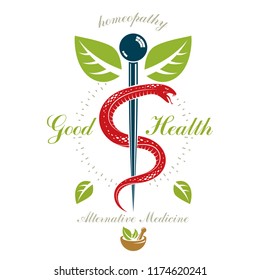 Aesculapius vector abstract logo, Caduceus symbol composed with mortar and pestle for use in medical treatment.
