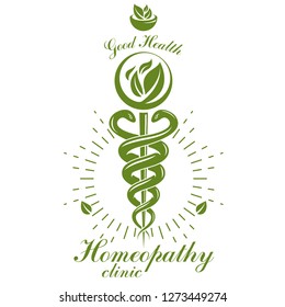Aesculapius vector abstract logo, Caduceus symbol composed with mortar and pestle for use in medical treatment.