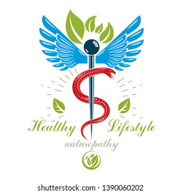 Aesculapius vector abstract logo, Caduceus symbol composed with bird wings for use in medical treatment.