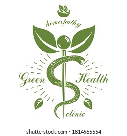 Aesculapius vector abstract logo, Caduceus symbol composed with mortar and pestle for use in medical treatment.