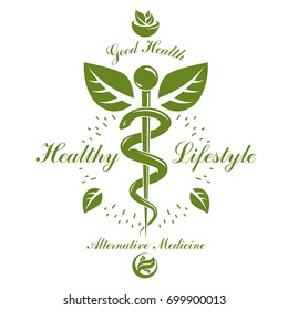 Aesculapius vector abstract logo, Caduceus symbol composed with mortar and pestle for use in medical treatment.