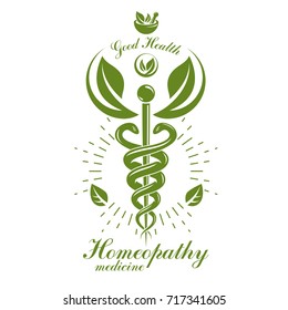 Aesculapius vector abstract logo, Caduceus symbol composed with mortar and pestle for use in medical treatment.