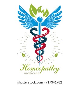 Aesculapius vector abstract logo, Caduceus symbol composed with bird wings for use in medical treatment.