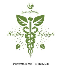 Aesculapius Vector Abstract Logotype Created Using Snakes And Green Leaves, Caduceus Symbol. Healthy Lifestyle Is Strong Heart.