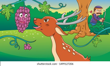 Aesop Fairy tale deer and grape,vector illustration. Aspect ratio 16:9