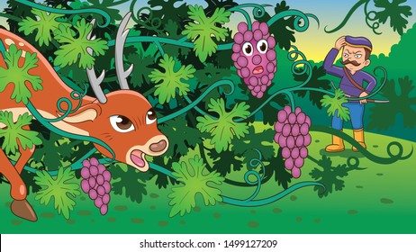 Aesop Fairy tale deer and grape,vector illustration. Aspect ratio 16:9