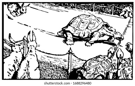 Aesop's Fables, The Hare and the Tortoise, vintage illustration