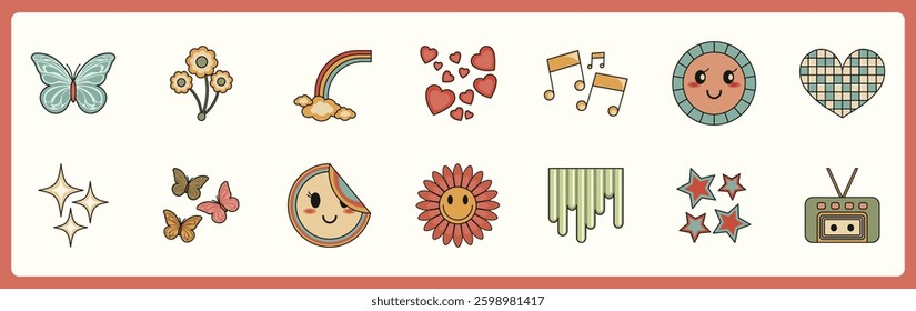 Aestethic. Retro elements, user interface, psychedelic greek sculpture, smile, planet, windows, icons in trendy y2k retro style. Vector illustrations