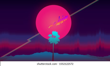 Aesthetic 80s - 90s style illustration of neon sun and mountain view landscape with glitch northern lights aurora and palm tree, nostalgic retrowave / vaporwave VHS vibes