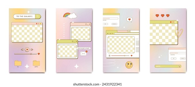 aesthetic 90s retro vaporwave post and story template. Social media stories and posts with old nostalgic computer aesthetic ui elements vector set