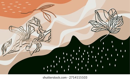 Fondo abstracto estético con arte de línea botánica, Formas orgánicas y tonos tierra cálidos. Perfecto para invitaciones, carteles, Fondos de pantalla o Elementos de diseño digitales.  