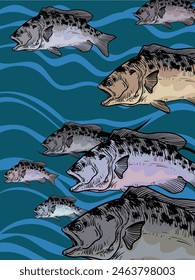 Aesthetic abstract background with different fishes pattern hand drawn decorative line art illustration. Beautiful design for wall art, cover, poster, books, card and background.
