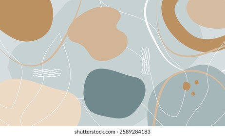 Aesthetic abstract background with organic elements and elegant line art. Harmonious blend of neutral colors and geometric forms, creating a stylish and trendy design. Suitable for invitations, prints