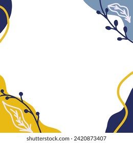 Aesthetic Abstract Background Vector In Minimal Trendy Style Banner With Copy Space For Text. Yellow And Blue With Botanical Element And Liquid Shape