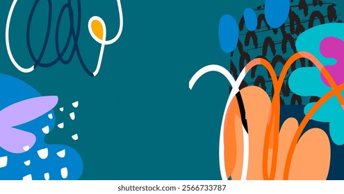 Aesthetic abstract boho background vector illustration. Dynamic colored shapes, lines and scribbles for banner, web, wallpaper and prints.