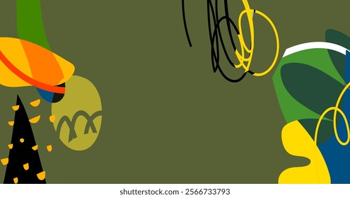 Aesthetic abstract boho background vector illustration. Dynamic colored shapes, lines and scribbles for banner, web, wallpaper and prints.