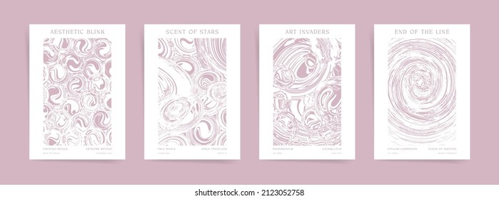Aesthetic abstract boho design set for poster, brochure, placard, presentation or flyer. Vector pink ink drawing of futuristic universe background collection.