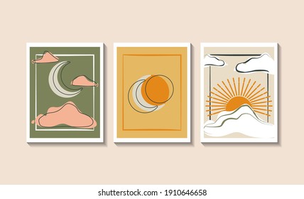 Aesthetic abstract contemporary backgrounds landscapes set with Sun, Moon and Cloud with pastel colors. Boho wall decor flat illustration. Mid century modern minimalist art print.