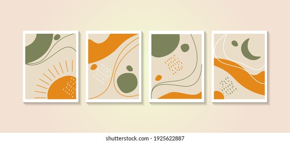 Aesthetic abstract contemporary backgrounds landscapes set with Sun, Moon and Sun with earth colors. Boho wall decor flat illustration. Mid century modern minimalist art print.