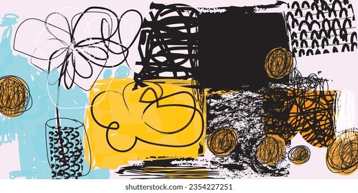 Aesthetic abstract drawing grunge background vector art illustration. Brushes, ink, line art, rough.