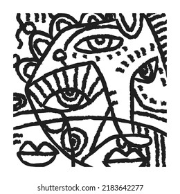 Aesthetic abstract face hand drawing , line art black and white vector illustration.
