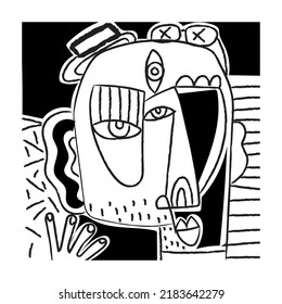 Aesthetic abstract face hand drawing , line art black and white vector illustration.