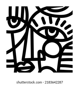 Aesthetic abstract face hand drawing , line art black and white vector illustration.