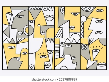 Aesthetic abstract face portrait geometric decorative line art hand drawn vector illustration wall print design. Trendy modern outline doodle character person.