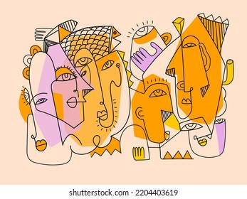 Aesthetic abstract face portrait man, woman, hand drawing, line art,contour vector illustration.